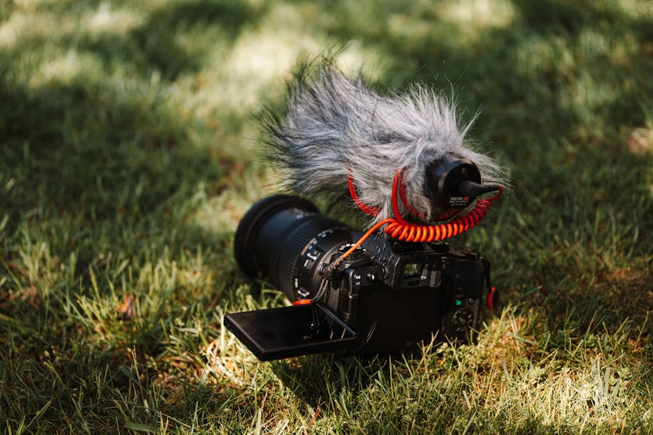 Close-up of a DSLR camera with a microphone attachment lying on grass, perfect for videography outdoors.
